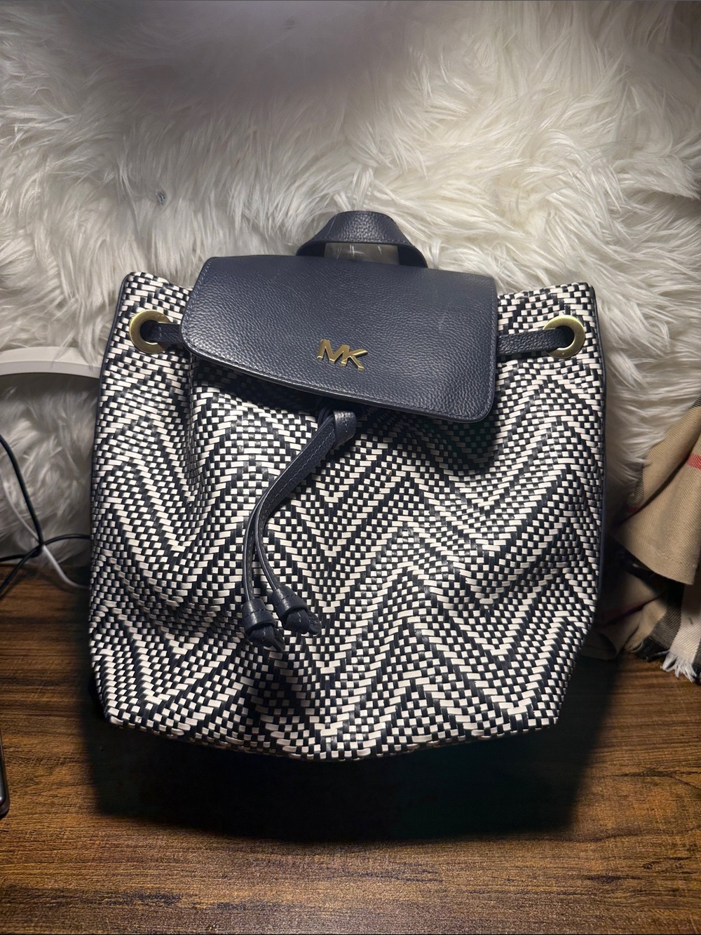 Michael Kors Navy & White Chevron Drawstring Backpack